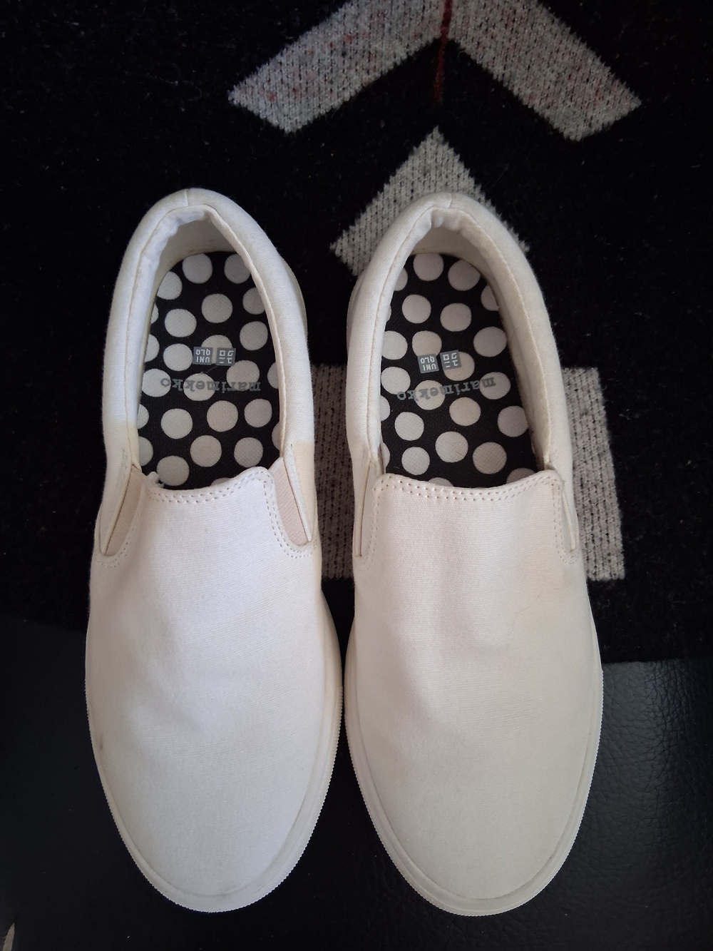 Marimekko White Canvas Slip-Ons with Black Polka Dot Insole